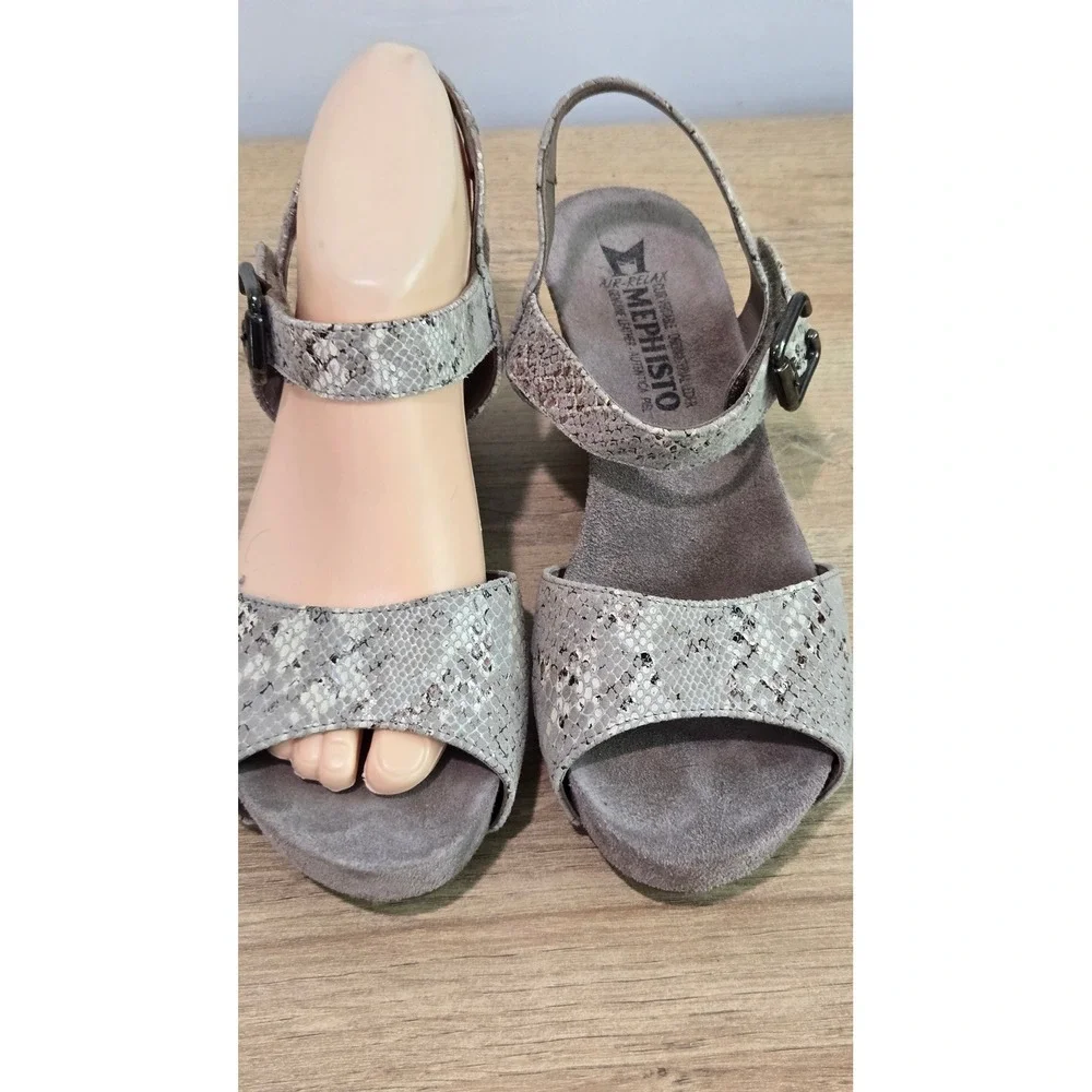 Mephisto Beauty Wedge‎ Sandals Womens 38/8 Grey Snakeskin nubuck Leather comfort